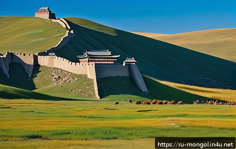 칭기즈칸 유적지 - A majestic ancient Mongolian fortress atop a rugged hill under a wide blue sky, showcasing weathered...