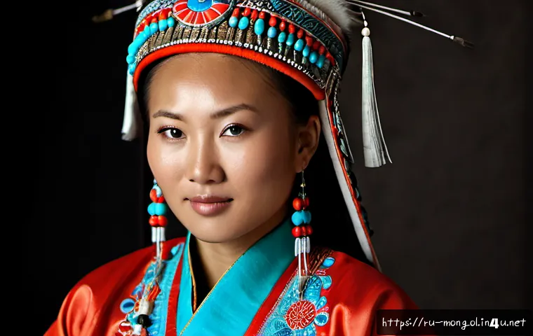 Home 30 몽골 전통 모자 보그타 - Photorealistic studio portrait of a Mongolian woman wearing an authentic traditional bogtag headdres...