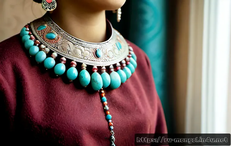 Home 17 몽골 전통 악세사리 - Photorealistic museum-style still life of traditional Mongolian jewelry on deep burgundy felt: ornat...