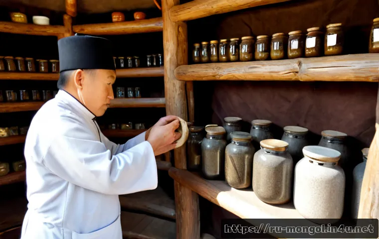 Home 17 몽골의 전통 의학 - Photorealistic traditional Mongolian medicine consultation inside a warm felt ger, an elderly Mongol...