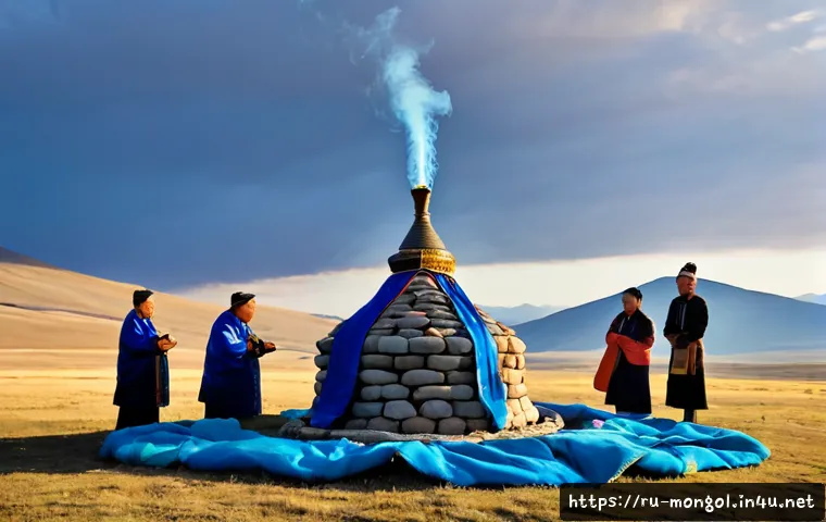 Home 30 몽골의 독특한 전통 의식 - Photorealistic Mongolian ovoo worship ceremony on a windswept steppe hill at sunrise, elders and fam...