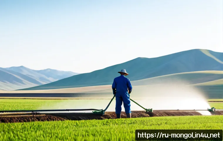 Home 17 몽골에서의 주요 농업 기술 - Photorealistic wide view of modern Mongolian steppe agriculture, a sturdy farmer in practical work c...