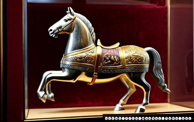Home 17 몽골 황금기의 유물 - Photorealistic museum display of a 13th-century Mongol Empire golden horse harness ornament, finely ...