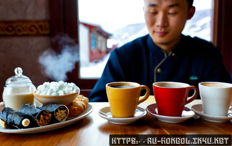 몽골 커피 문화 - Photorealistic cozy café in Ulaanbaatar, Mongolia, a steaming cup of rich coffee beside a small bowl...