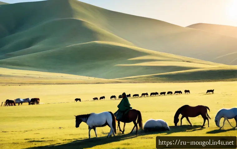 Home 17 몽골 초원의 전통적인 방식 - Photorealistic wide view of a Mongolian nomadic family tending a small herd of horses across vast gr...