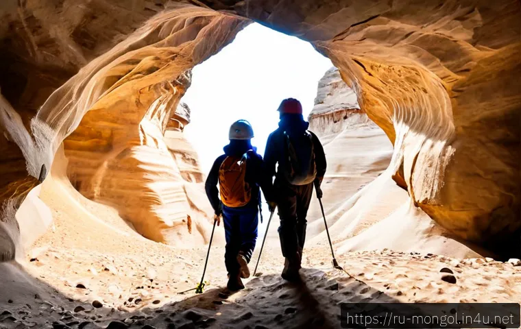 Home 17 몽골 동굴 탐험 - Photorealistic Mongolian cave exploration, two adult hikers in practical cold-weather outdoor clothi...